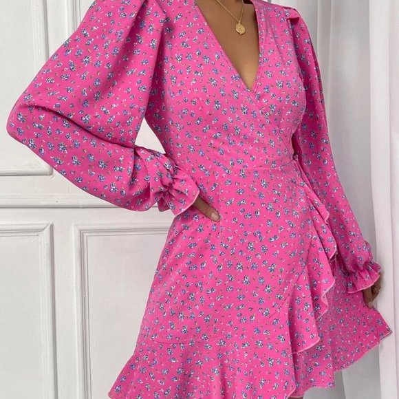 Ditsy mini Floral Flounce Long Sleeve Knot Sided Mini Dress Pink - Picture 5 of 8